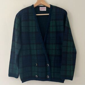 Pendleton Vintage Sweater Wool Plaid Cardigan Navy Green Size Small Academia